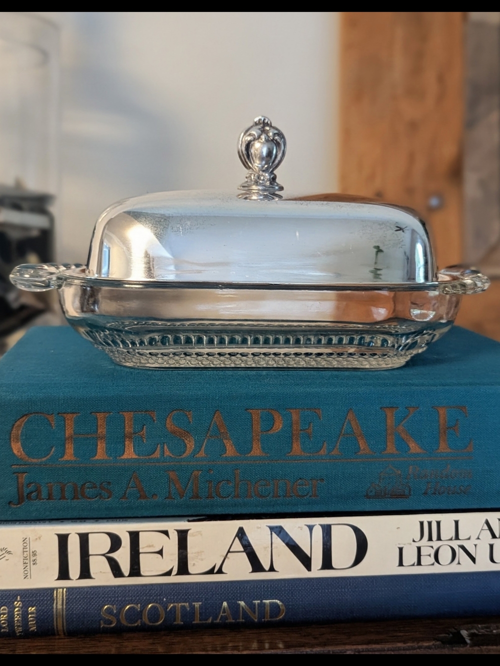 Wm Rogers & Son Silverplate Covered Butter Dish Silver-Top Glass Butter Dish